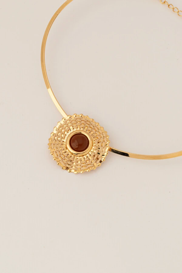 Colar Aro Círculo Palha Resina Marrom