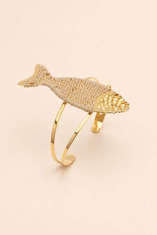 Pulseira Dourada Bracelete Peixe Palha