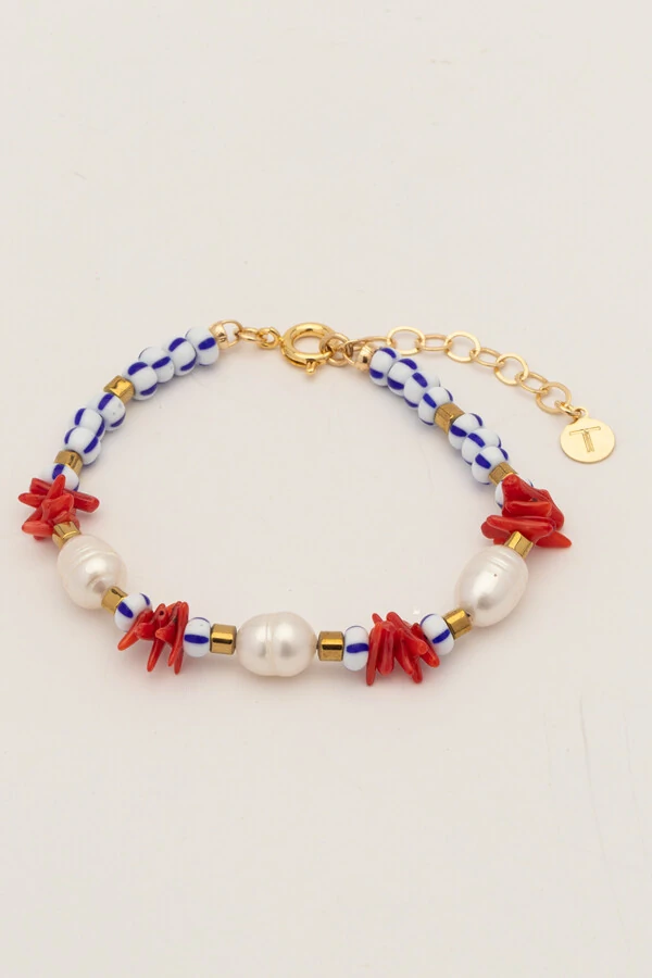 Pulseira Pérola Natural Palito Coral Fishermen’s Banho Ouro 18K