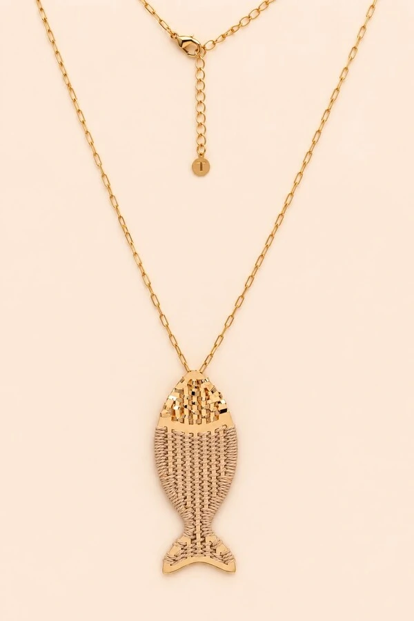Colar Longo Dourado Peixe Palha
