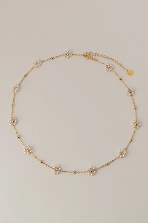 Colar Choker Dourado Flores Pérolas