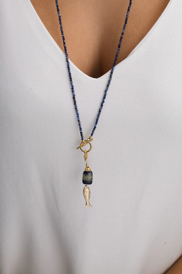 Colar Longo Peixe Lápis Lazuli Banho Ouro 18K