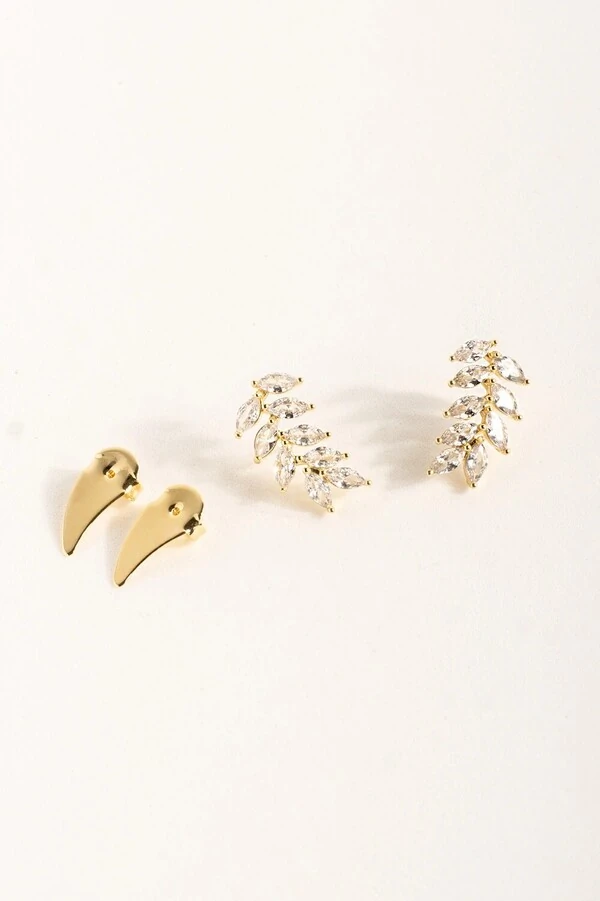 Brinco Dourado Folhas Zircônia Cristal