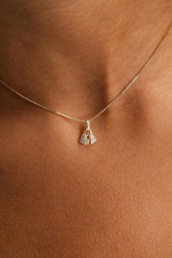 Colar Nossa Senhora PP Manto Zircônia Banho Ouro 18K