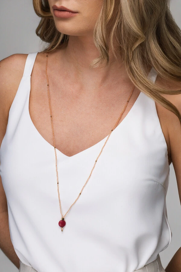 Colar Gravata Cristal Peach Jade Banho Ouro 18k