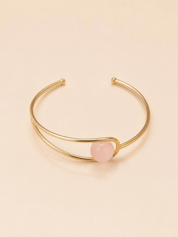 Pulseira Bracelete Quartzo Rosa Banho Ouro 18K