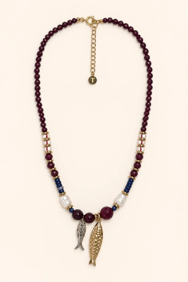 Colar Fish Jade Vermelho Banho Ouro 18K