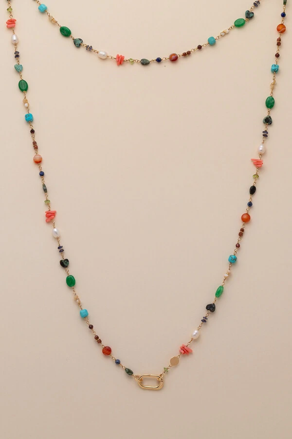 Colar Longo Olbia Mix Pedras Banho Ouro 18K