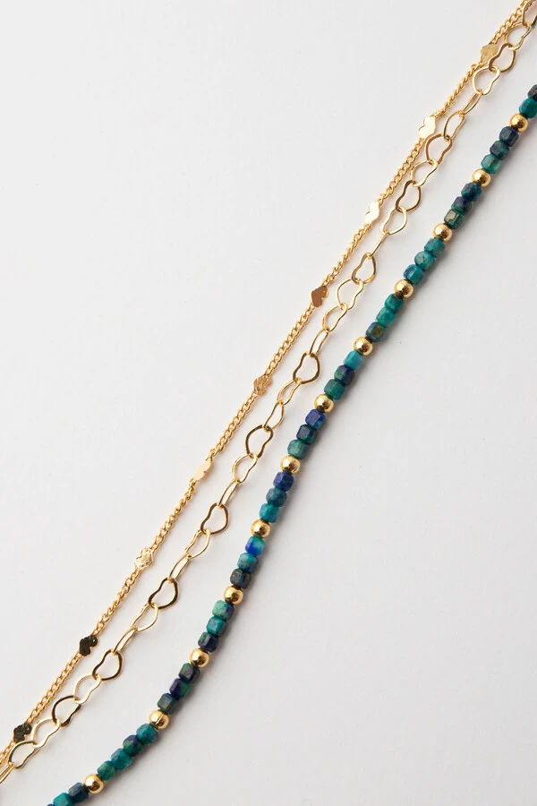 Pulseira 3V Crisocola Cubo Banho Ouro 18k