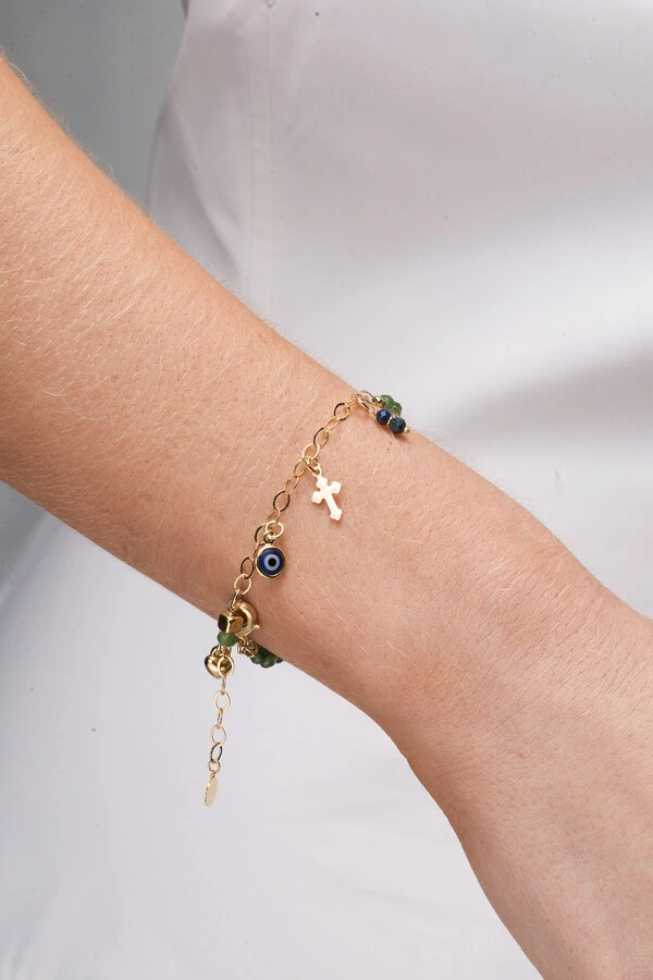 Pulseira Jade Green Pingentes Banho Ouro 18K