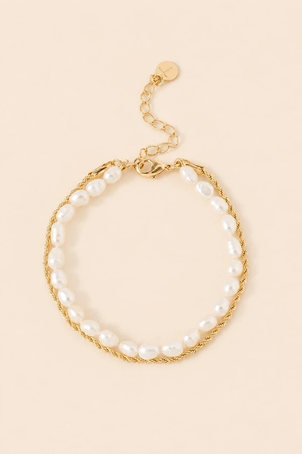 Pulseira Dupla Pérola Natural Banho Ouro 18K