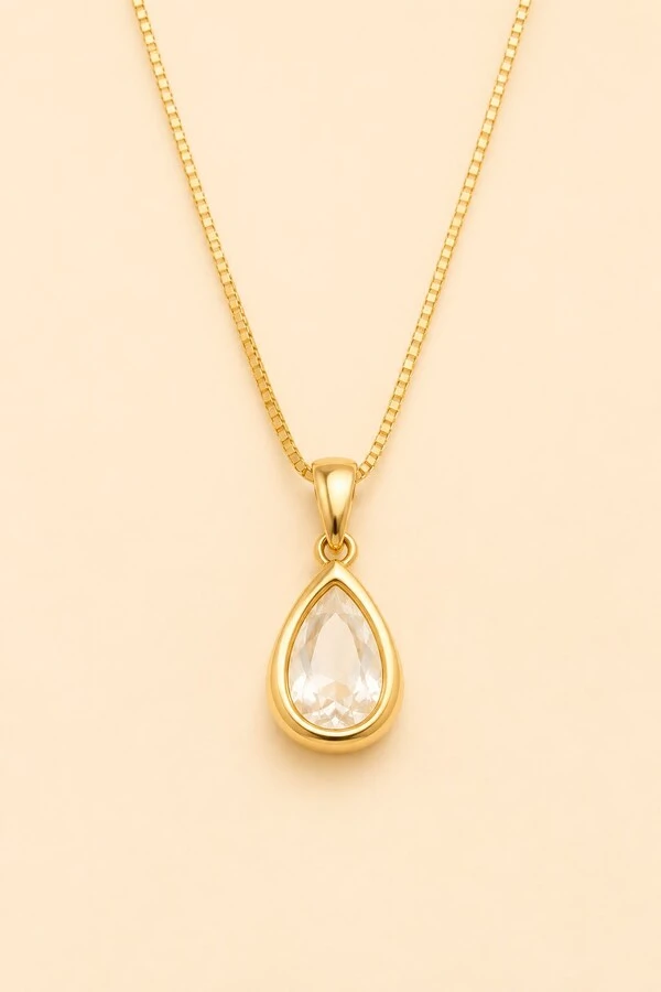 Colar Longo Dourado Gota Zircônia