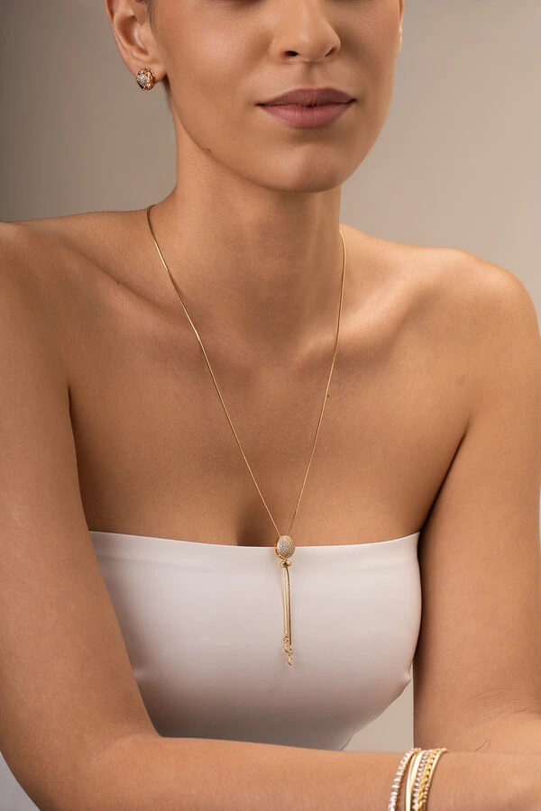 Colar Dourado Gravata Botão Zircônia Cristal