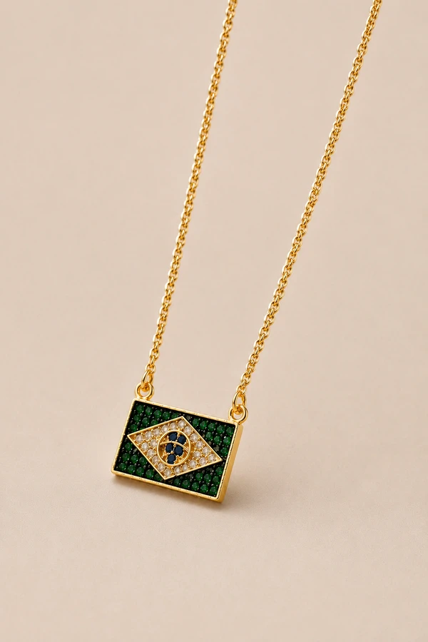 Colar Dourado Bandeira Brasil Zircônia Color