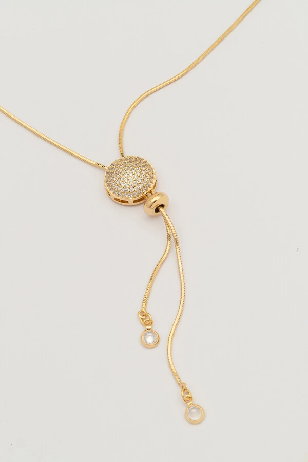 Colar Dourado Gravata Botão Zircônia Cristal