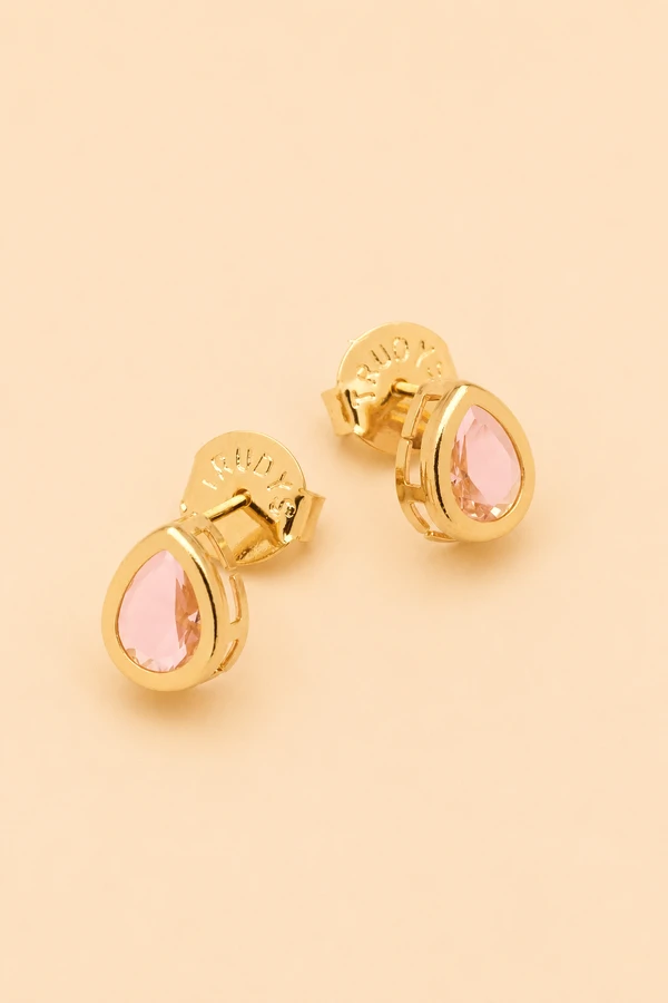 Brinco Gota Cristal Rosa Banho Ouro 18K