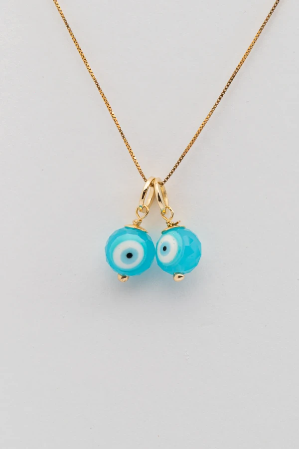 Pingente Duplo Olho Grego Murano Turquesa Banho Ouro 18K