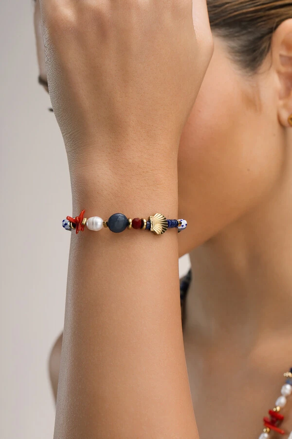 Pulseira Sodalita Pérola Natural Banho Ouro 18K