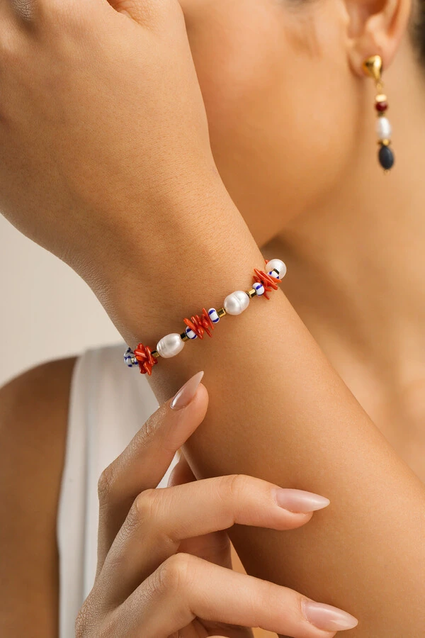 Pulseira Pérola Natural Palito Coral Fishermen’s Banho Ouro 18K