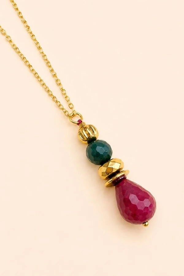 Colar Ayala Longo Jade Ruby Banho Ouro 18K