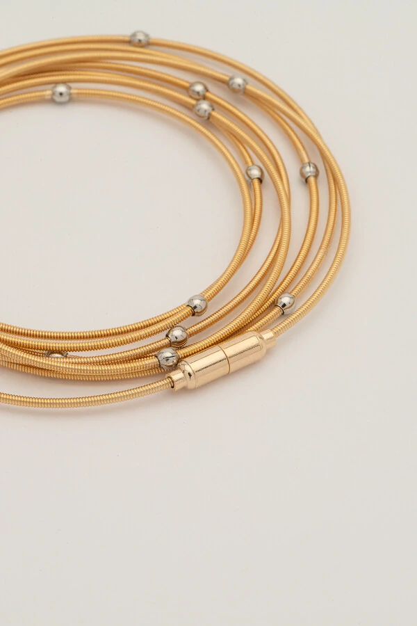 Pulseira Dourada Corda de Violão Bolinhas Prateadas