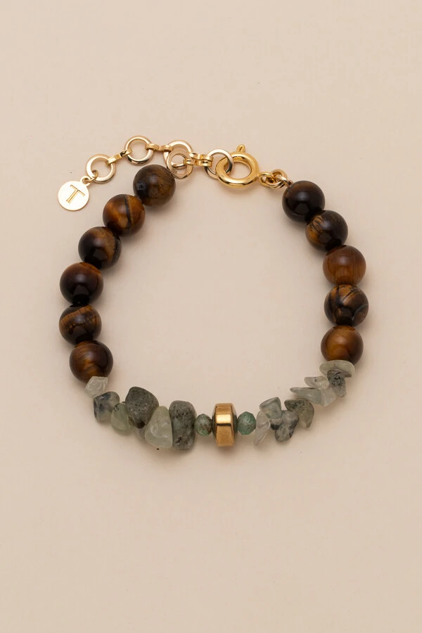 Pulseira Vereda Olho de Tigre Cascalho Rutilado Banho Ouro 18K