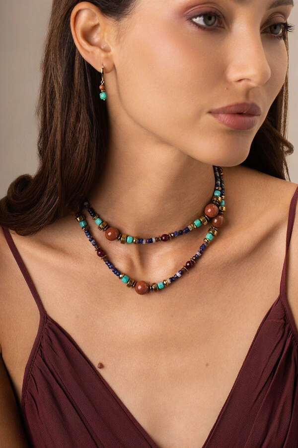 Colar Sodalita Longo Vicenza Goldstone Howlita Banho Ouro 18K