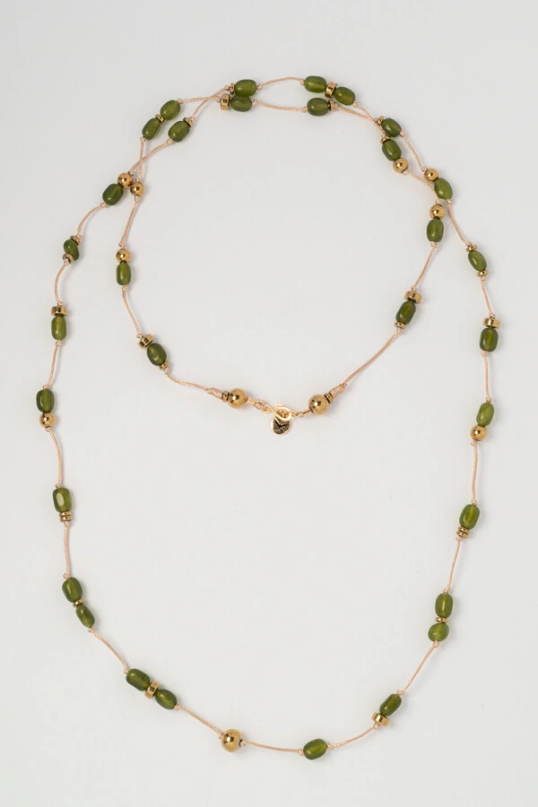 Colar Linha Jade Verde Hematita Banho Ouro 18K