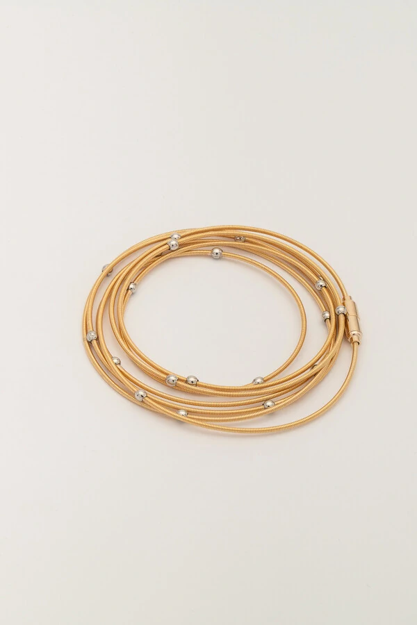 Pulseira Dourada Corda de Violão Bolinhas Prateadas