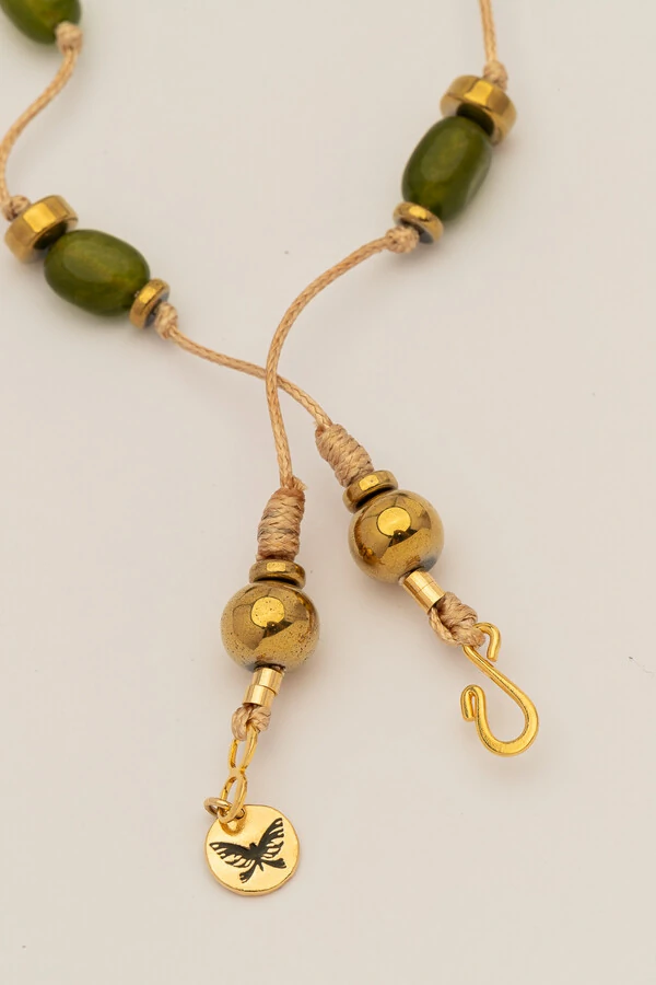 Colar Linha Jade Verde Hematita Banho Ouro 18K