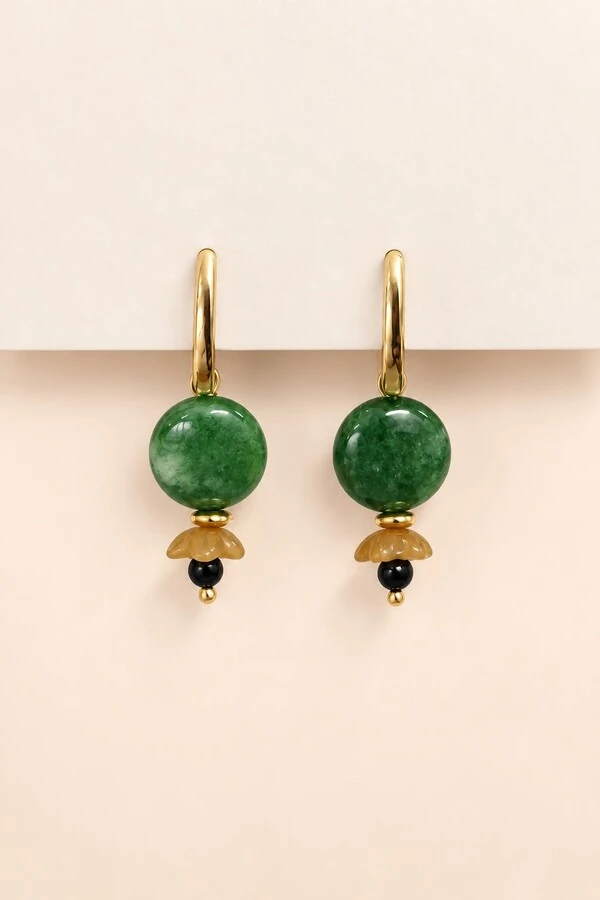 Brinco Floral Jade Verde Banho Ouro 18K
