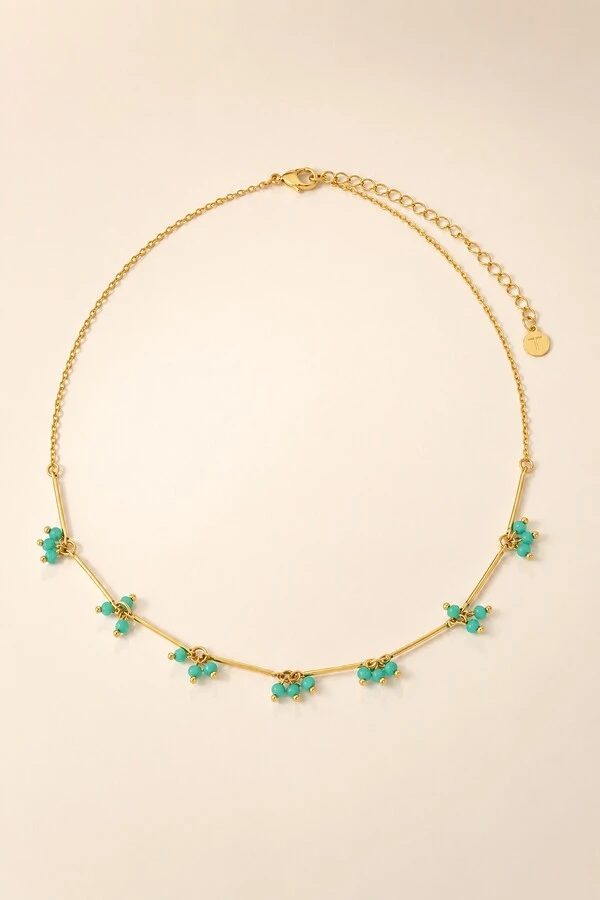 Colar Choker Dourado Palitos Cachos Cristal Azul