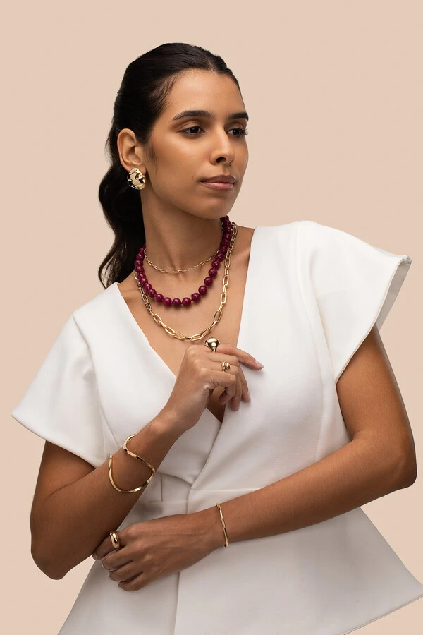 Colar Eva Jade Fúcsia Banho Ouro 18K