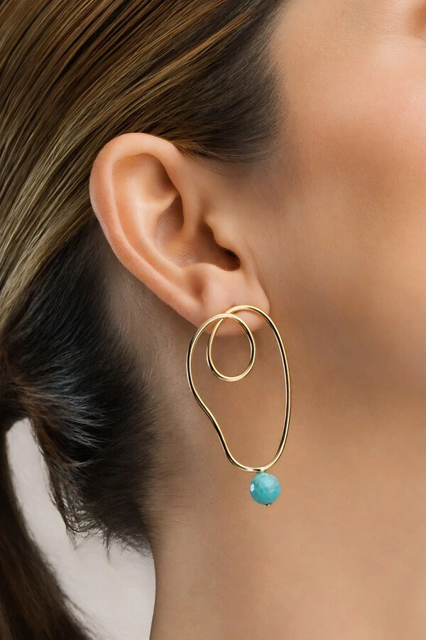Brinco Dourado Orgânico Bola Turquesa
