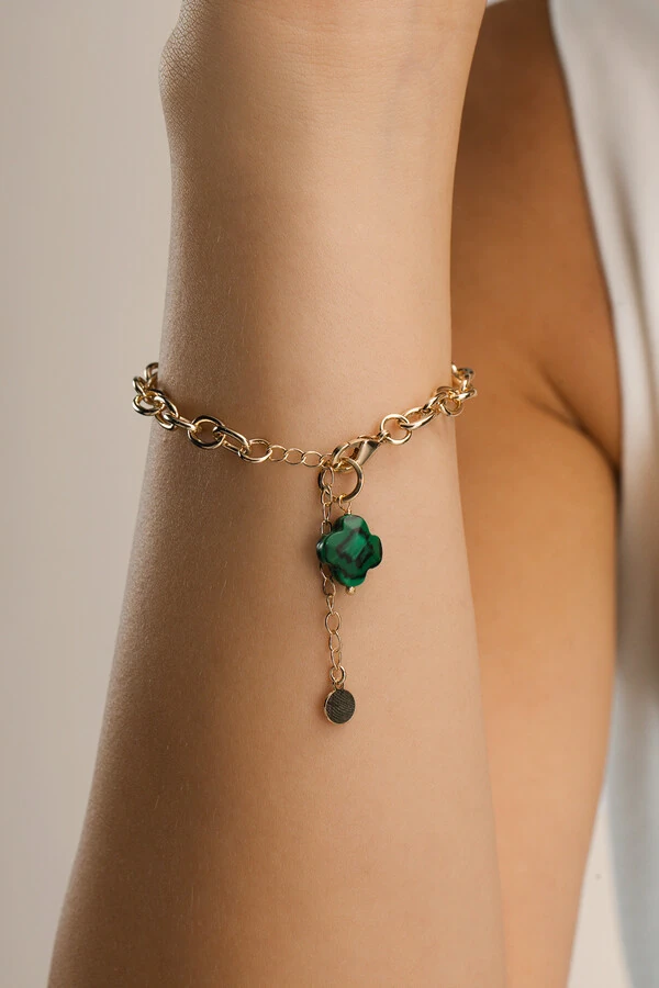 Pingente Trevo da Sorte Malaquita Banho Ouro 18K