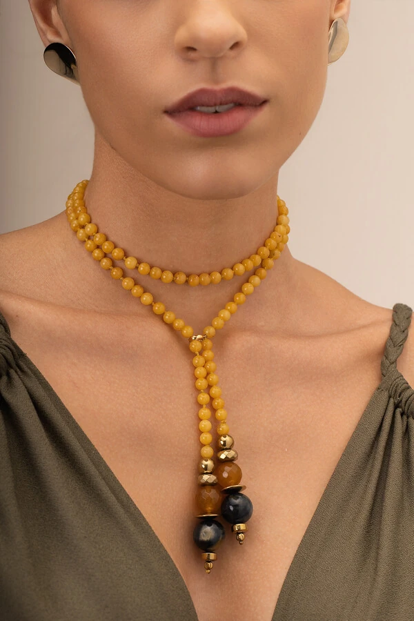 Colar Gravata Nautic Jade Amarela Banho Ouro 18K