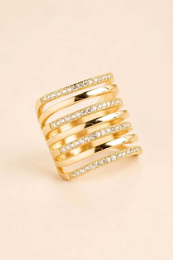 Anel Sete Voltas Zircônia Cristal Banho Ouro 18k