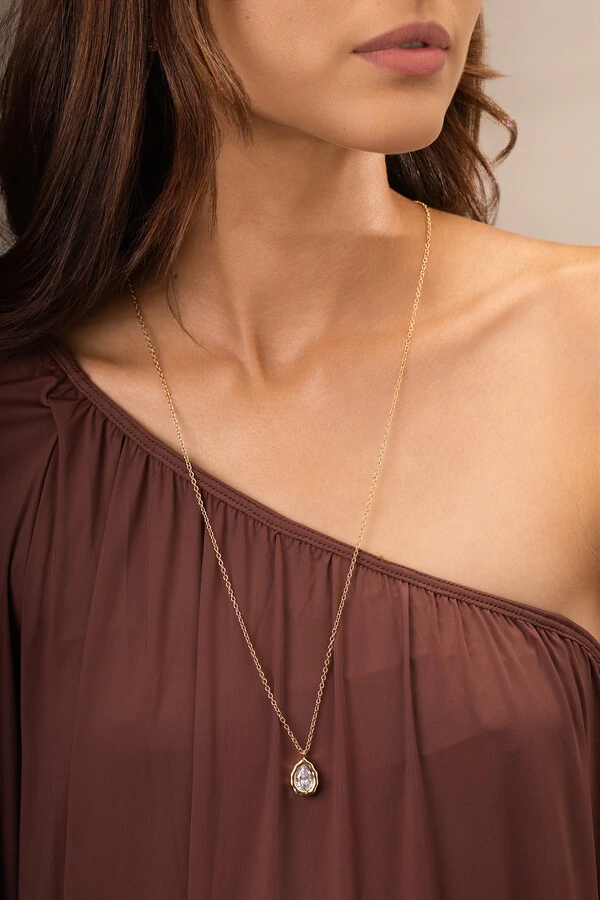 Colar Longo Dourado Gota Zircônia