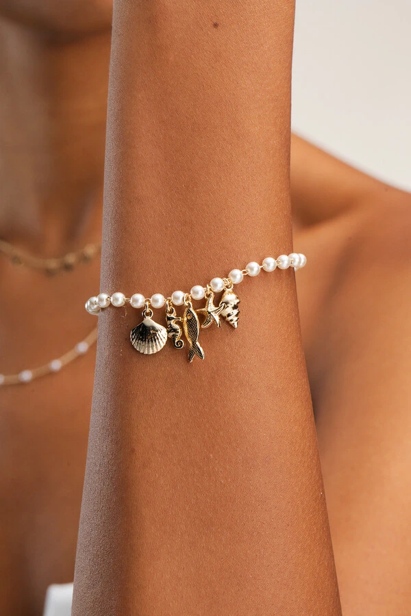 Pulseira Dourada Pérola Pingentes Mar