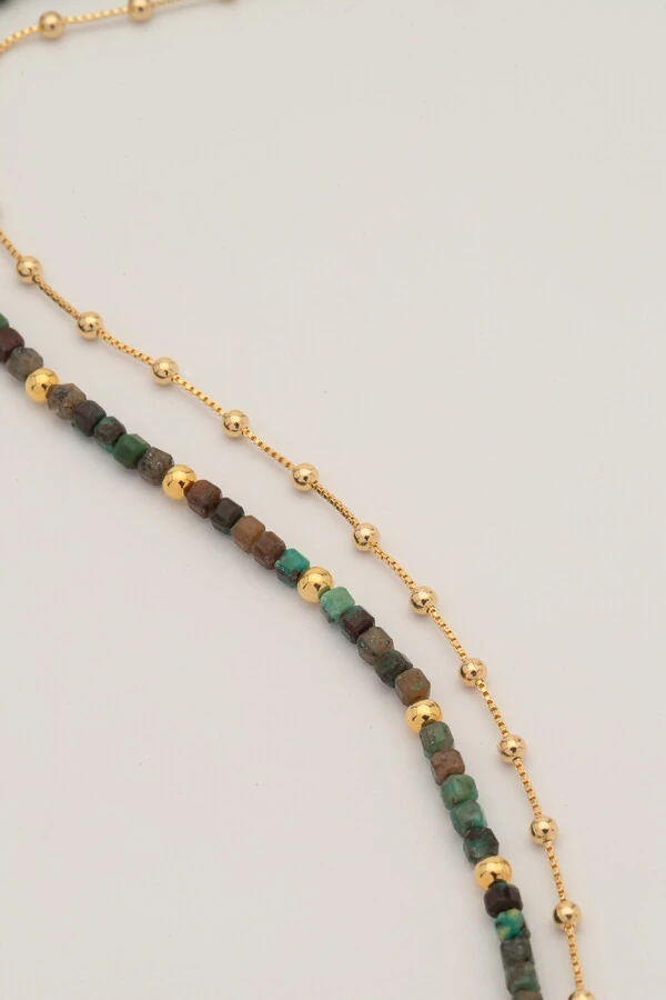 Pulseira Dupla Turquesa Africana Banho Ouro 18k