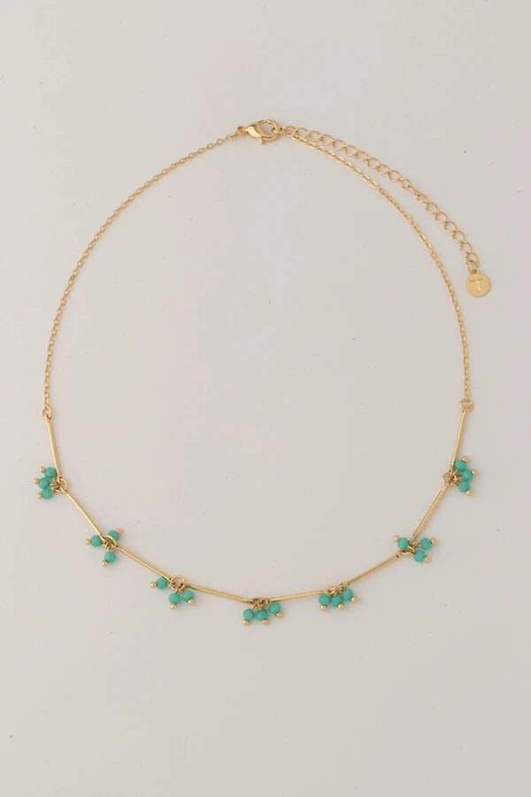 Colar Choker Dourado Palitos Cachos Cristal Azul