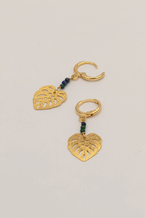 Brinco Folha Lisa Crisocola Banho Ouro 18K