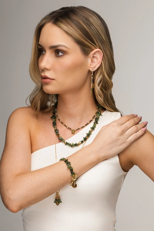 Pulseira Cascalho Evora Jade Verde Banho Ouro 18K