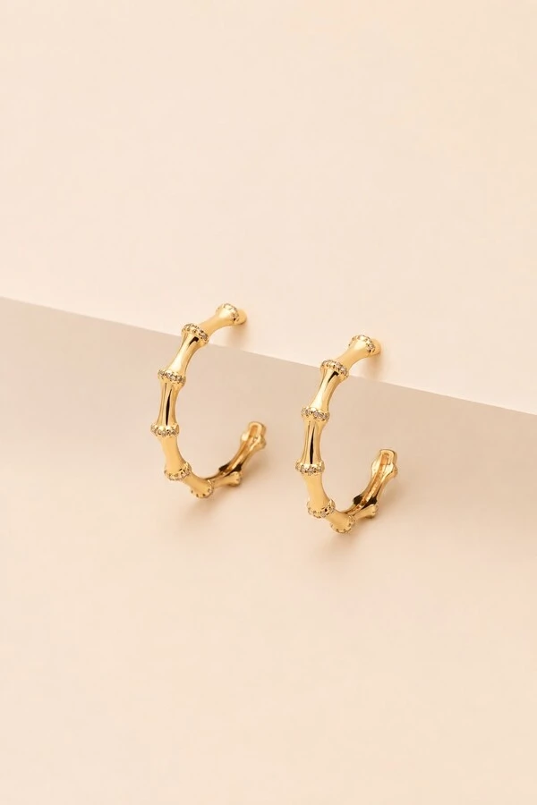 Brinco Argola Bambu Zircônia Banho Ouro 18k