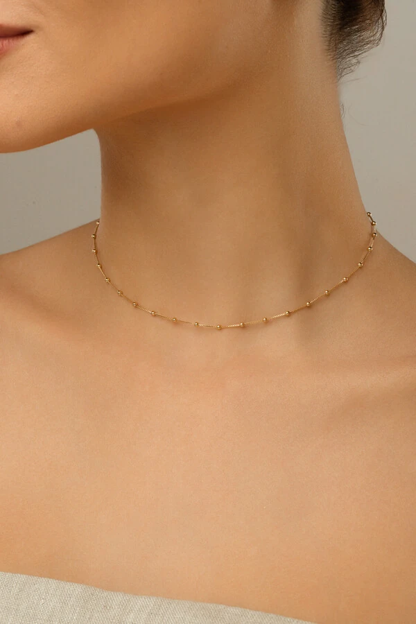 Colar Choker Corrente Bolinhas Banho Ouro 18K