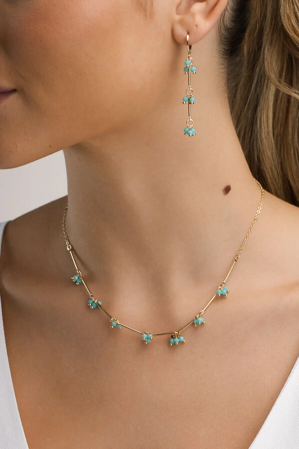 Colar Choker Dourado Palitos Cachos Cristal Azul