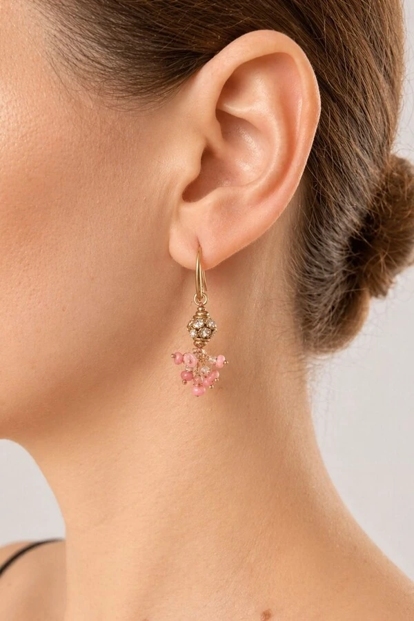 Brinco Boho Ouro Vintage Rodocrosita Rosa