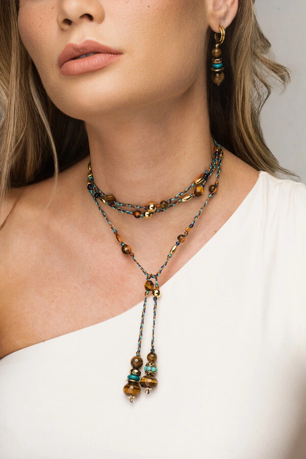 Colar Gravata Boho Dream Olho de Tigre Banho Ouro 18K