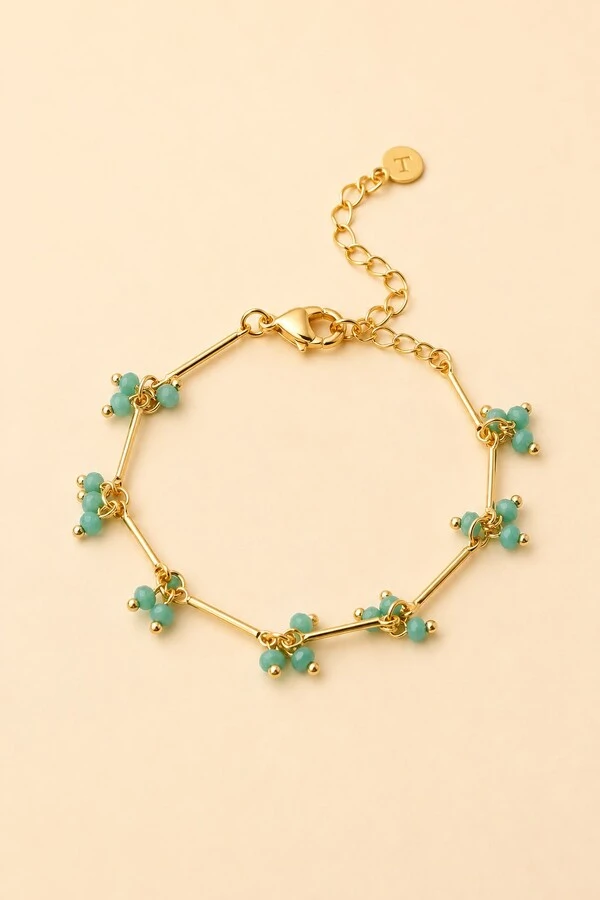 Pulseira Dourada Palitos Cachos Cristal Azul