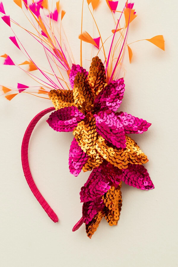 Tiara Carnaval Folhas Paetê Pink e Orange